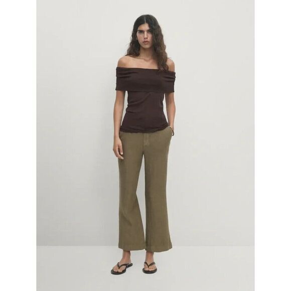 Massimo Dutti Women Pants EU 42 US 10 Brown Flared Linen Trousers 5076/772 NWT - Picture 1 of 13